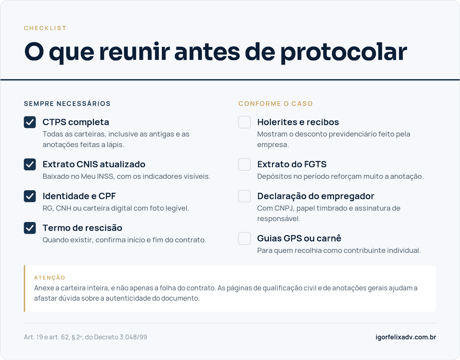 Checklist de documentos para incluir um vínculo no CNIS.