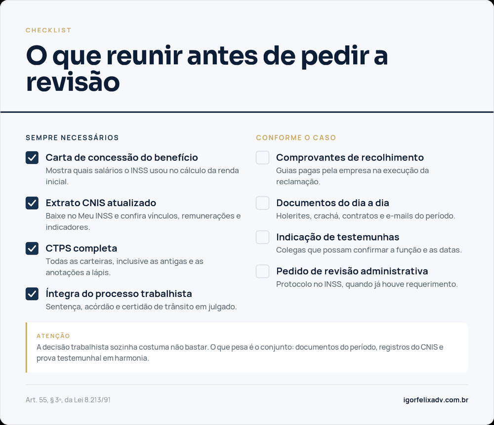 Checklist de documentos para pedir revisão de aposentadoria com base em ação trabalhista.
